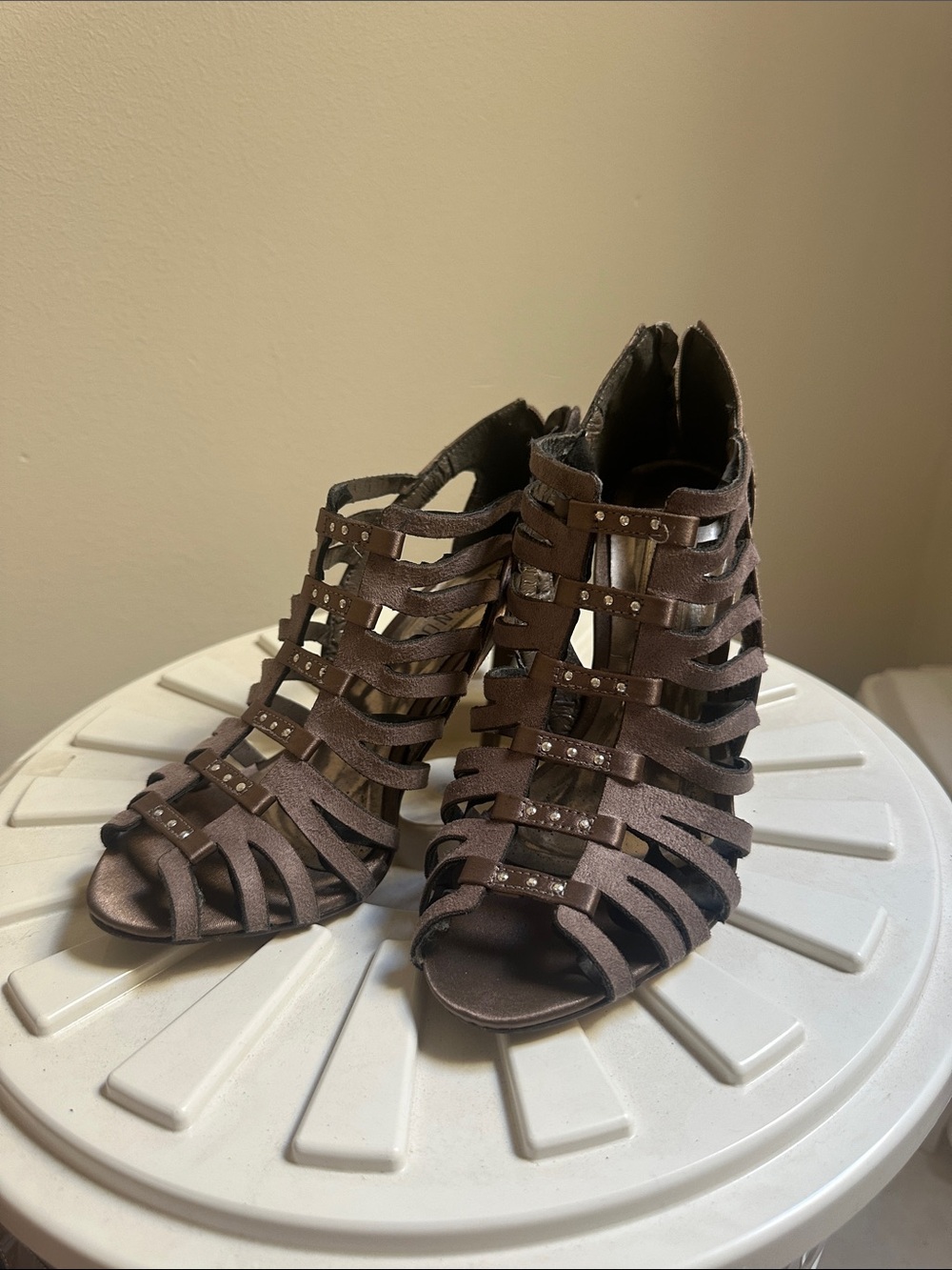 Strappy Brown Studded Open-Toe Heeled Sandals